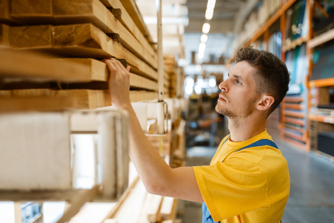 młody mężczyzna w żółtej koszulce i roboczym kombinezonie w hurtowni materiałów budowlanych ogląda drewniane płyty
